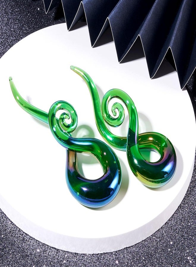 Qmcandy 2pcs Glass Splatter Spiral Ear Tapers Hanger Gauges Piercing Gauges for Ear 00g, Green - Image 2